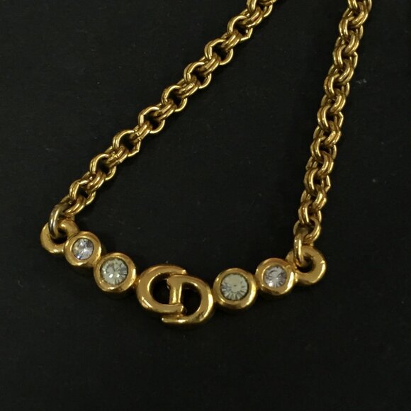 Christian Dior CD Logo Rhinestone Gold Tone Pendant Necklace lux70-100225 - Picture 3 of 8